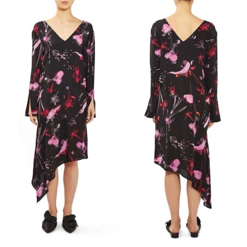 Topshop Black and Pink Floral Asymmetric He Loves Me Not  Dress
